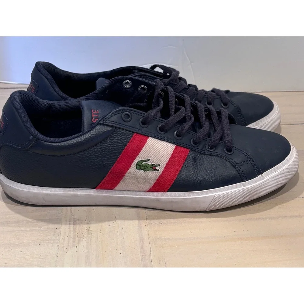 Lacoste Grad Vulc 120 2 P Mens Navy Blue Leather Striped Sneakers Size 8 Preppy